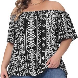Agnes Orinda Plus Size ShirSummer Boho Women's Off-Shoulder Black and White Top